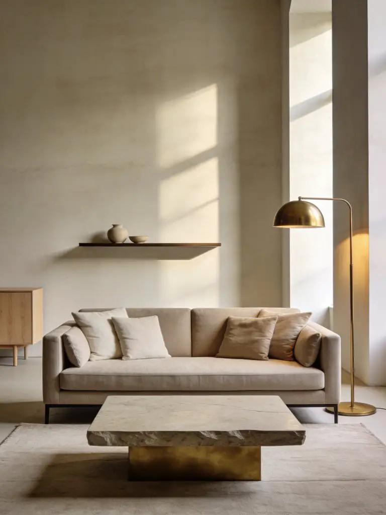 Soft modern minimalist living room designed with a greige and brushed brass neutral palette for subtle elegance.