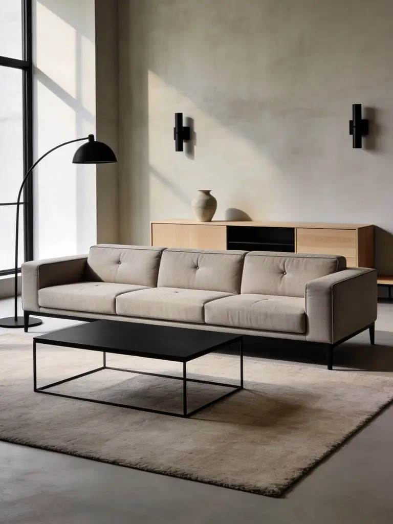Modern minimalist living room styled with a greige and matte black neutral palette creating elegant contrast.