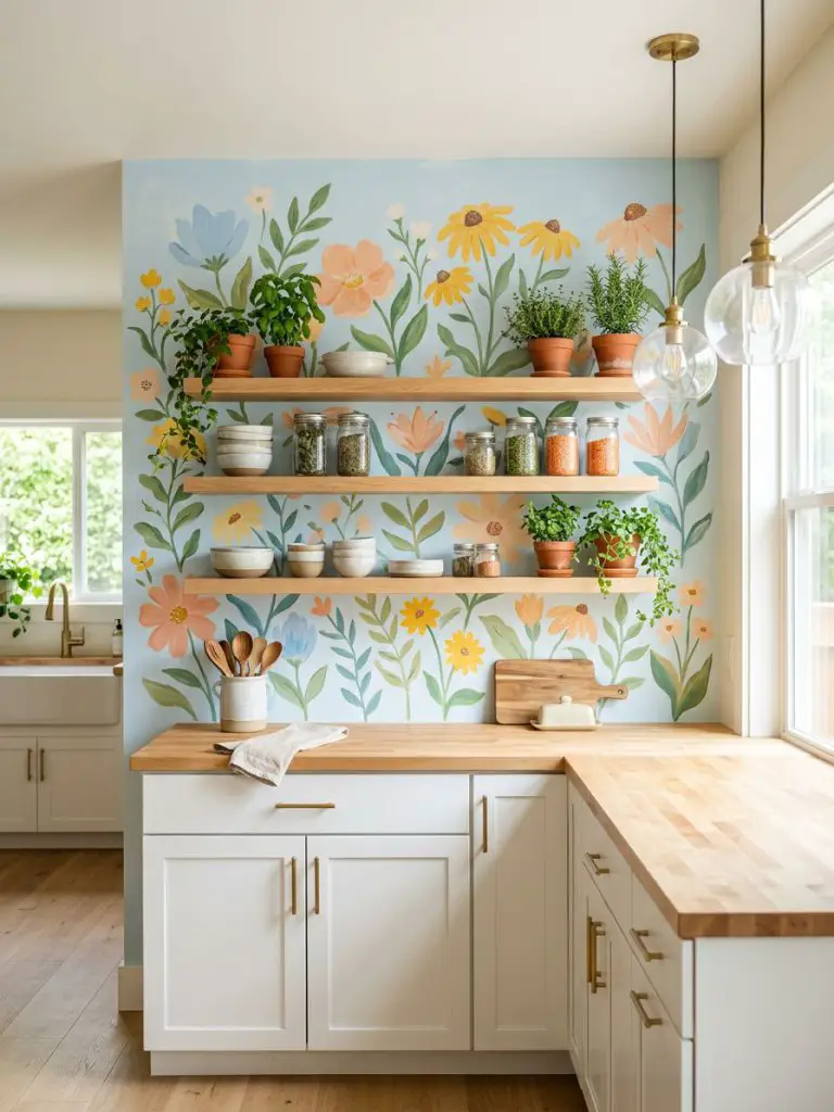 A bright, airy kitchen featuring a hand-painted floral mural wall in soft pastel tones of sky blue, warm peach, sunflower yellow, and leafy.