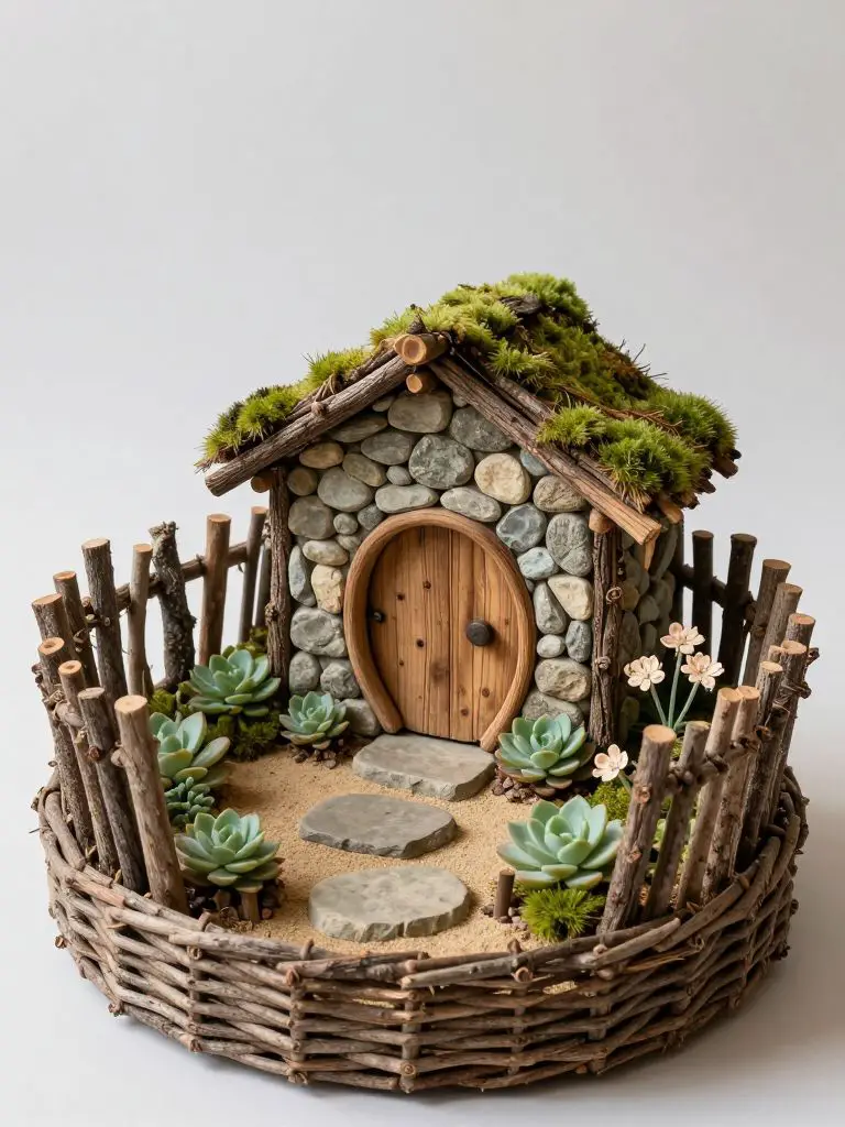 Design a handcrafted twig fairy hut inside a round woven basket planter.