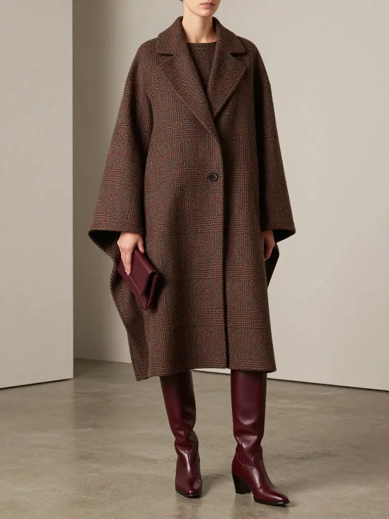 A refined indoor fashion scene highlighting sustainable luxury outerwear.