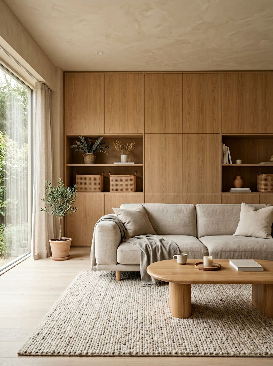A minimalist living room featuring hidden storage solutions to keep toys organized in a family home.