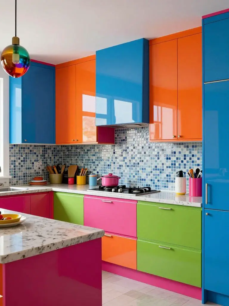 A bold modern colorful kitchen with high-gloss cabinetry in vibrant shades of blue, orange, pink, and green, designed in a contemporary maxi.