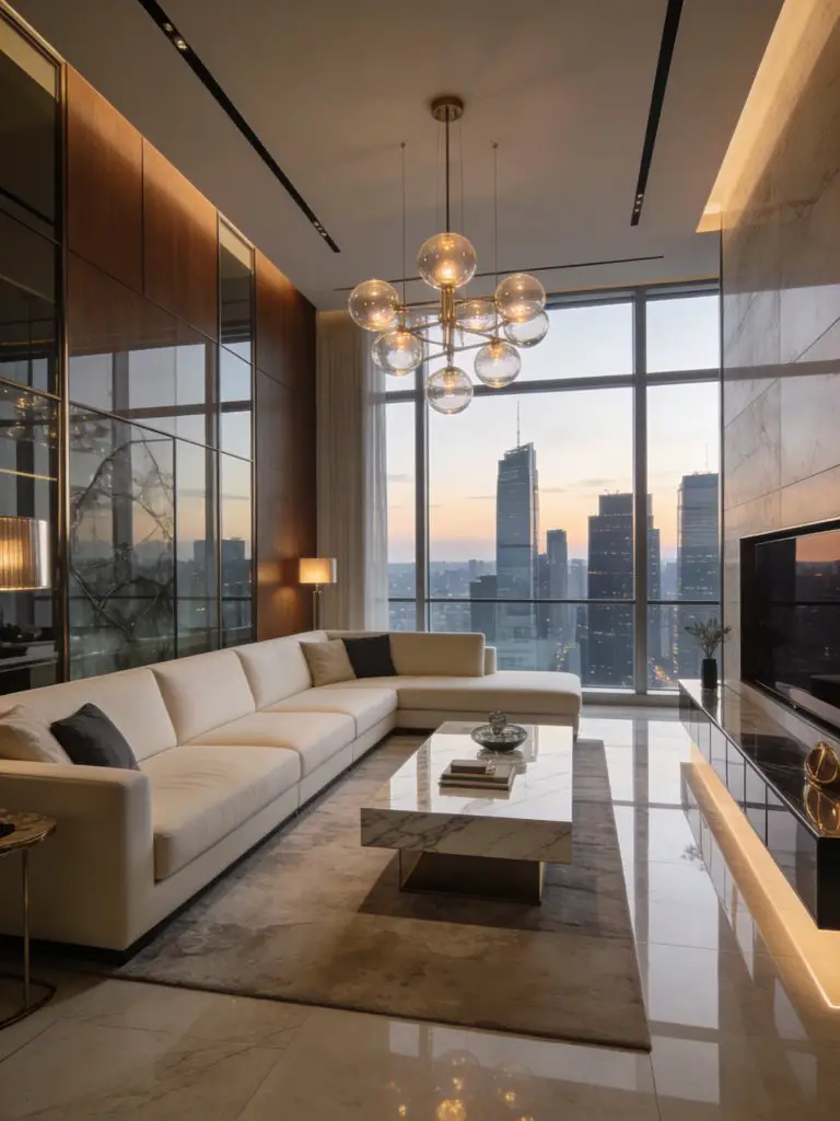 A sophisticated high-rise minimalist luxury living room overlooking a modern city skyline through expansive glass windows.