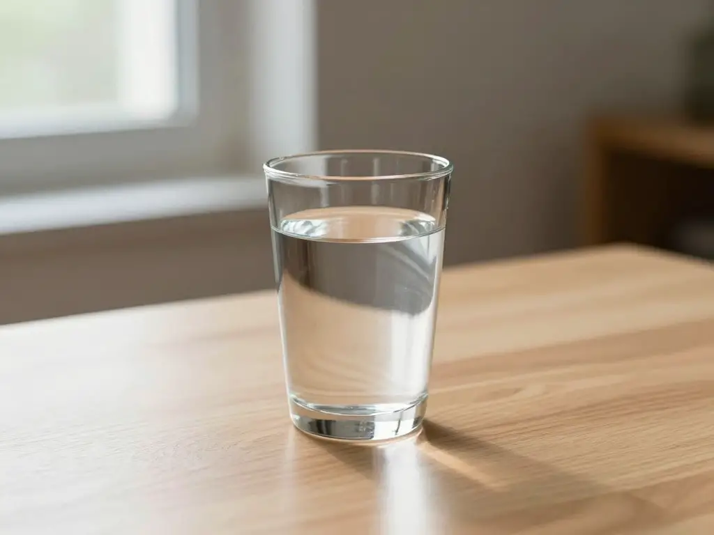 Clear glass of water on a minimalist wooden table in soft morning light, simple and clean aesthetic, natural daylight streaming through a