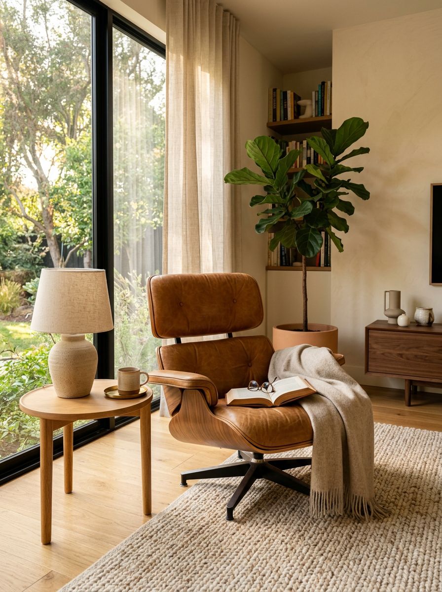 A quiet reading corner inside a mid-century modern minimalist living room featuring a sculptural lounge chair.
