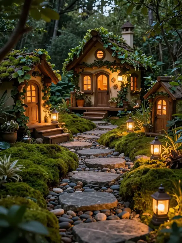 Design a fairy cottage scene illuminated with miniature lantern lights and stone stepping paths.