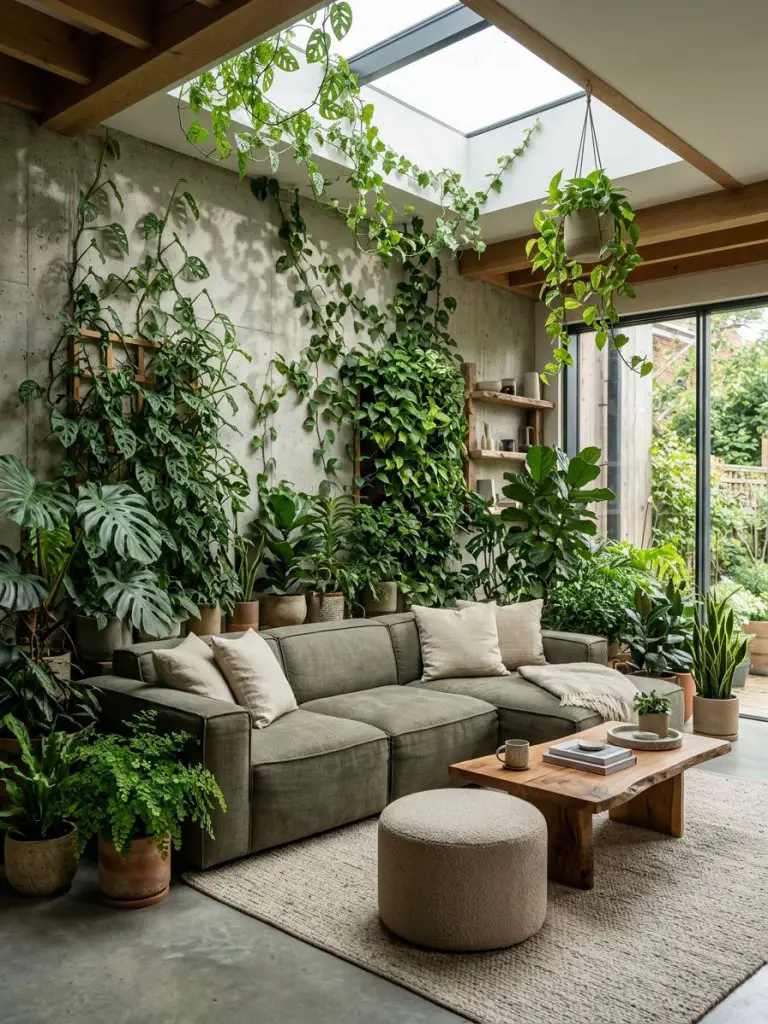 A lush indoor garden living room designed with a natural minimalist aesthetic and layered greenery.