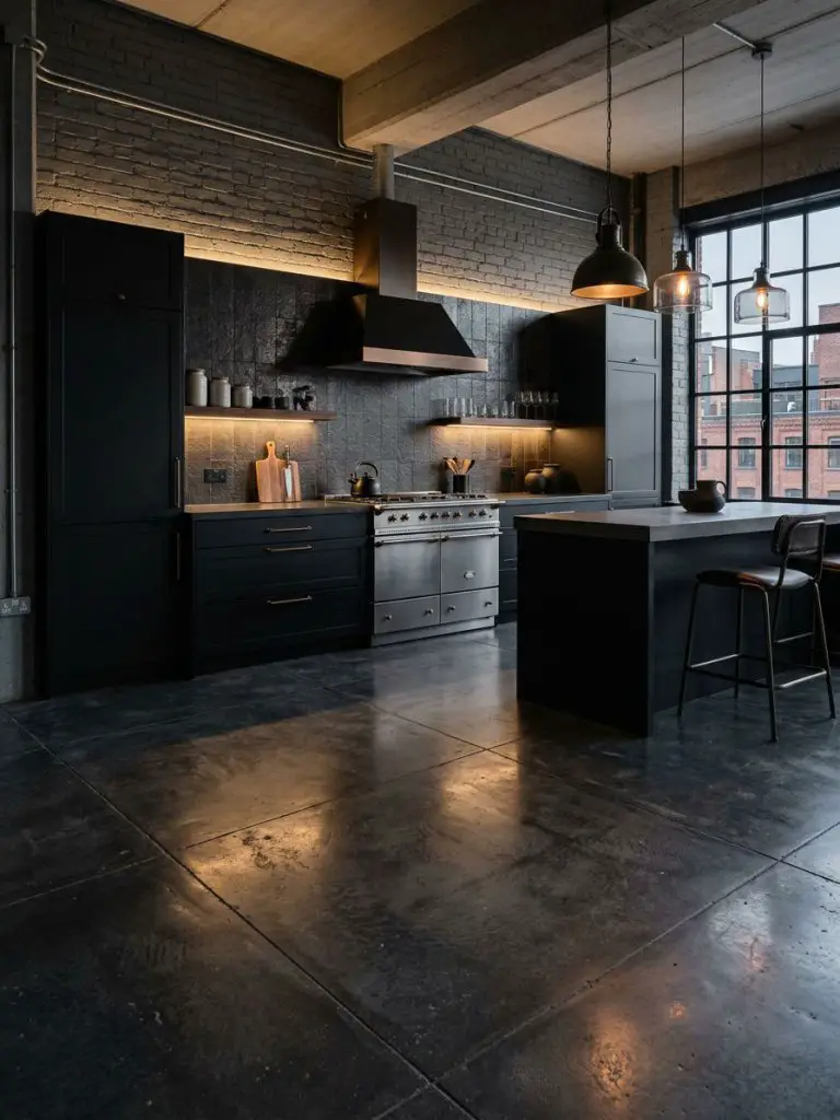 A bold industrial kitchen featuring dark concrete tile flooring with a semi-polished finish, reflecting warm overhead lighting.