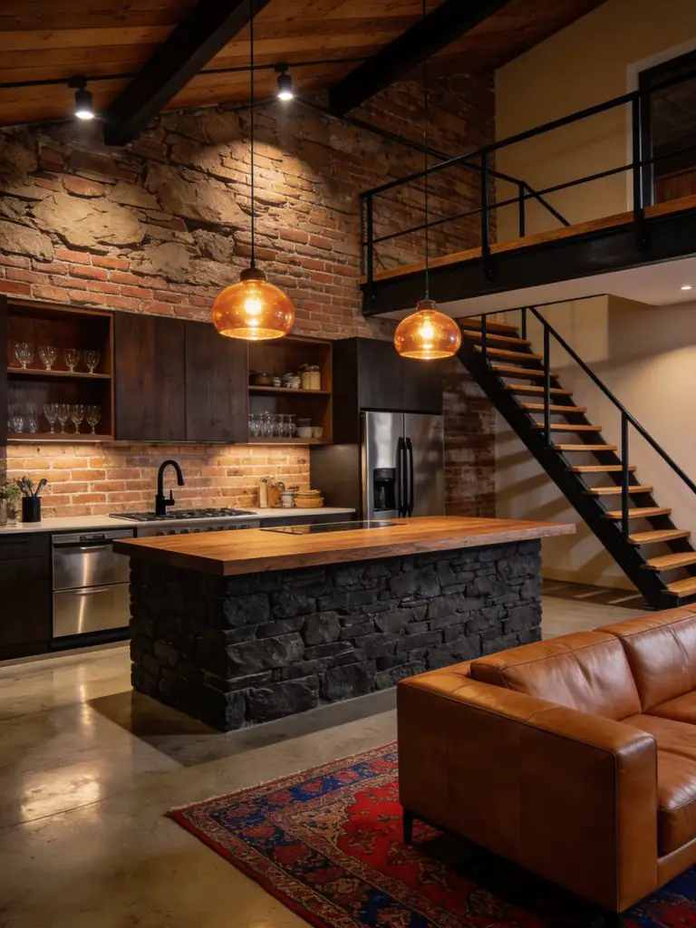 An industrial rustic cabin kitchen and living space designed with bold materials and warm lighting.