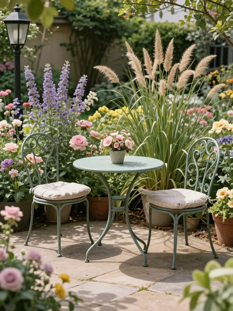 Create an intimate garden bistro seating area with two wrought iron chairs and a small round table placed on a natural stone patio.