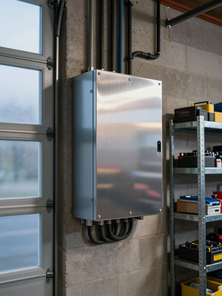 Photograph a wall-mounted lithium-ion battery storage unit in a contemporary garage, captured from a standing eye-level angle to emphasize t.