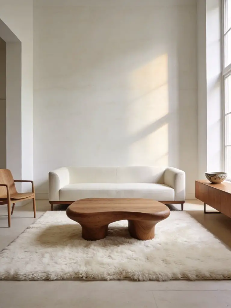 Refined minimalist living room styled with an ivory and light walnut neutral palette.