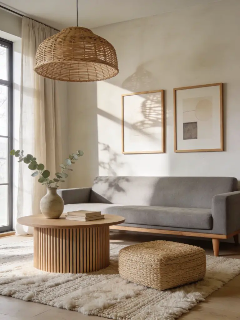 A Japandi-inspired minimalist living room centered around a soft grey couch with low wooden legs.