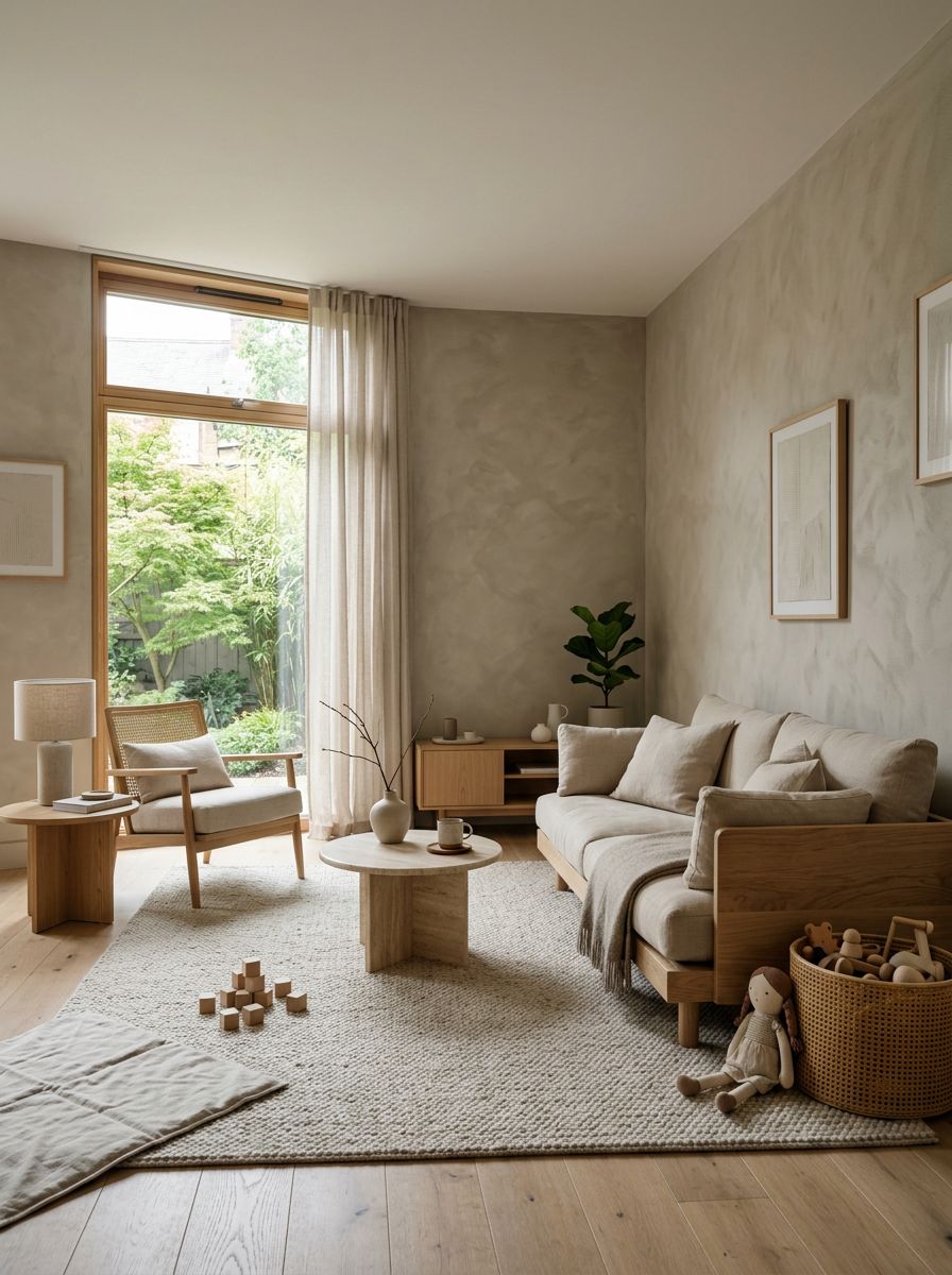 A Japandi-inspired minimalist living room designed to create a peaceful environment for families with children.