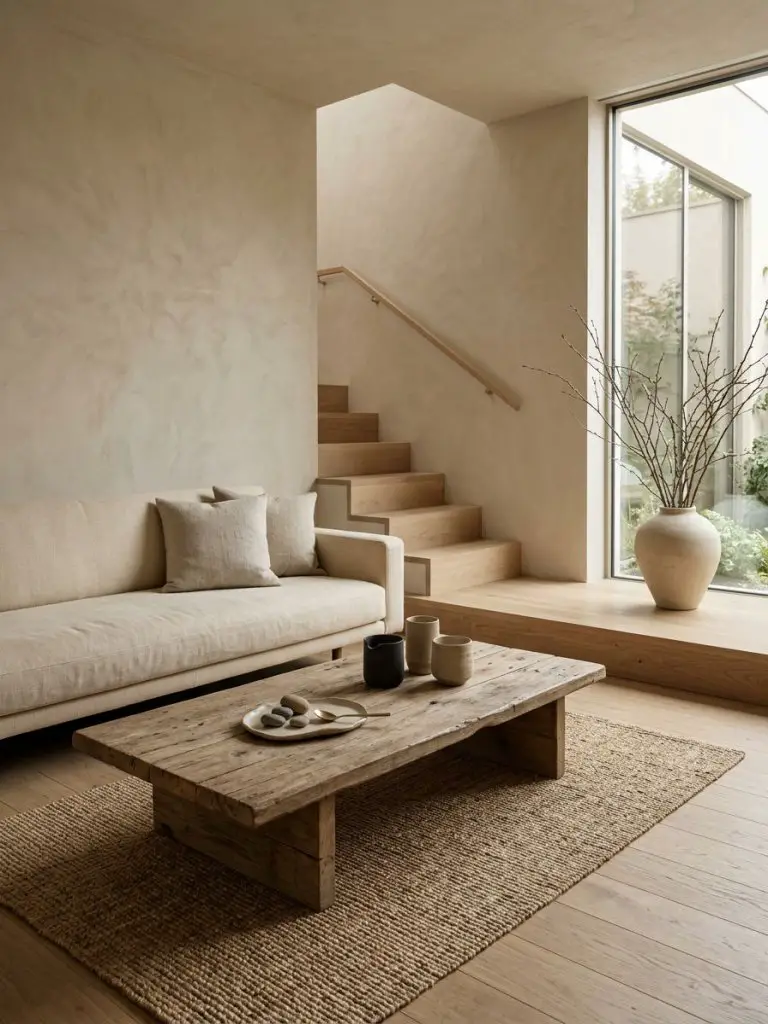 A tranquil Japandi-inspired natural minimalist living room featuring a low reclaimed wood coffee table as the focal point within a calm arch.