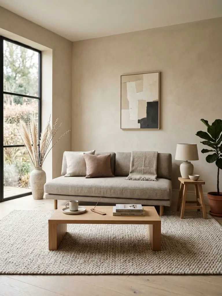 A Japandi-inspired Scandinavian minimalist living room featuring low profile seating as the focal design element.