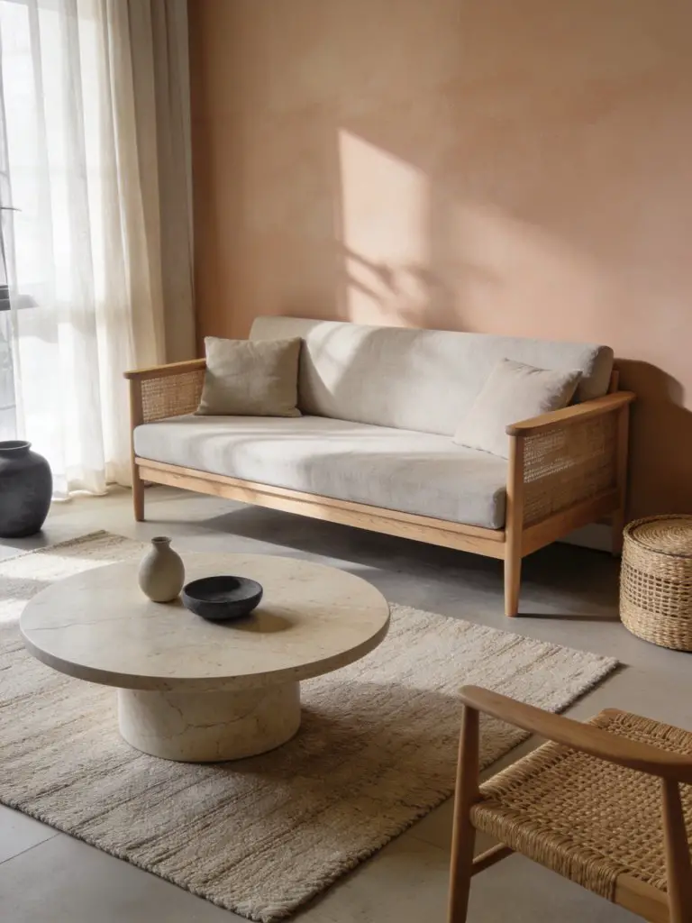 A Japandi-inspired small minimalist apartment living room blending Scandinavian simplicity with Japanese calm.
