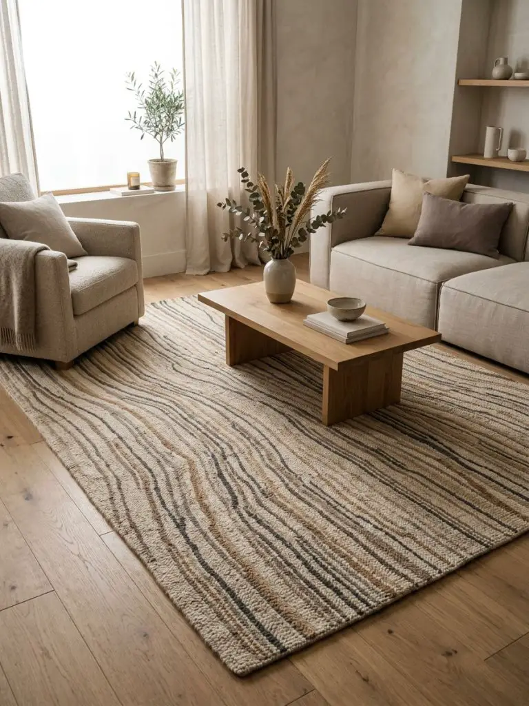 A Japandi-inspired minimalist living room with a handwoven rug featuring organic linear patterns that serve as the focal point of the scene.