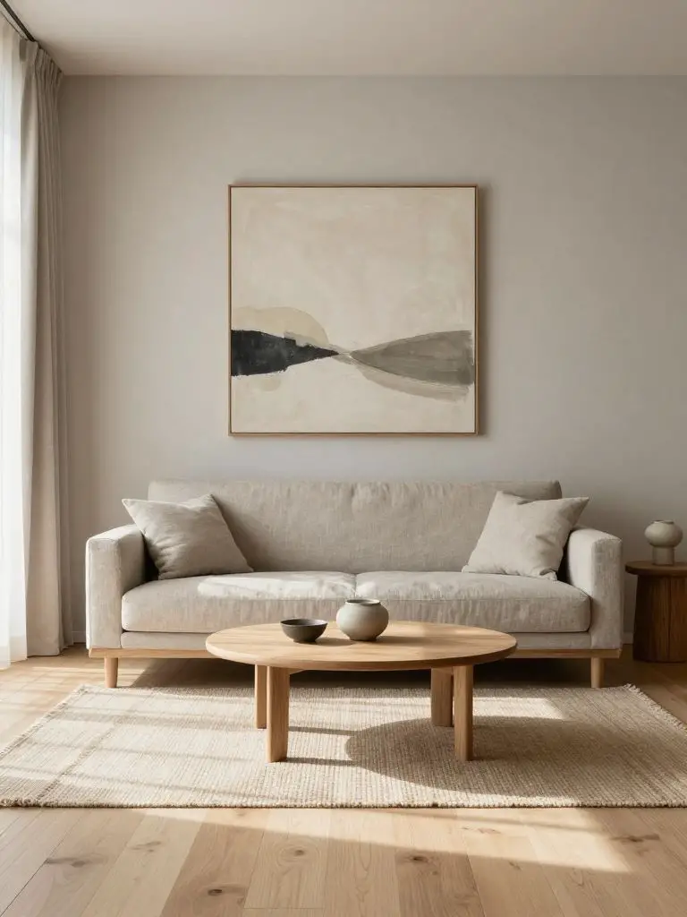 A serene Japandi minimalist living room that blends Japanese calm with Scandinavian warmth.