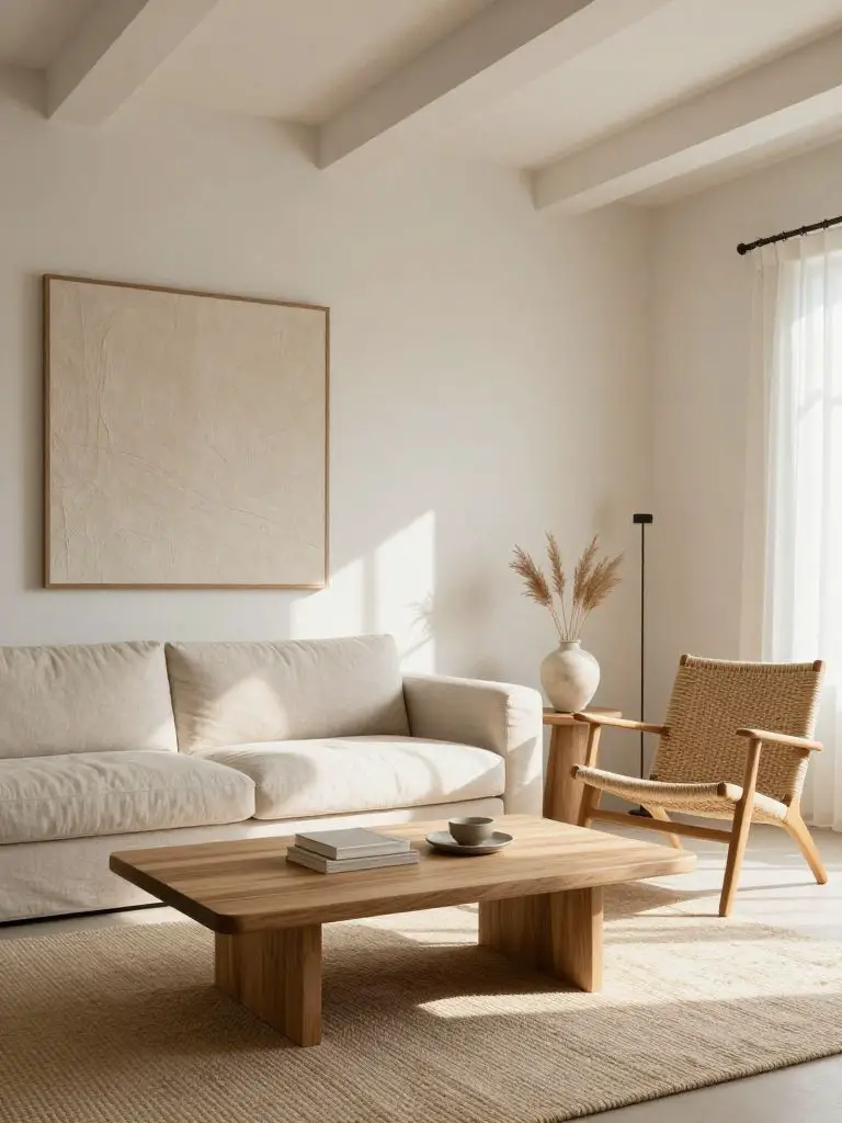 A Japandi-inspired minimalist living room combining Scandinavian simplicity with Japanese warmth.