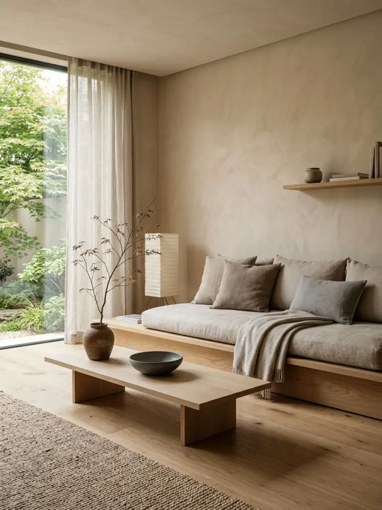 A Japandi minimalist living room designed for peaceful simple living featuring a low wood platform sofa with neutral cushions, a light wood.
