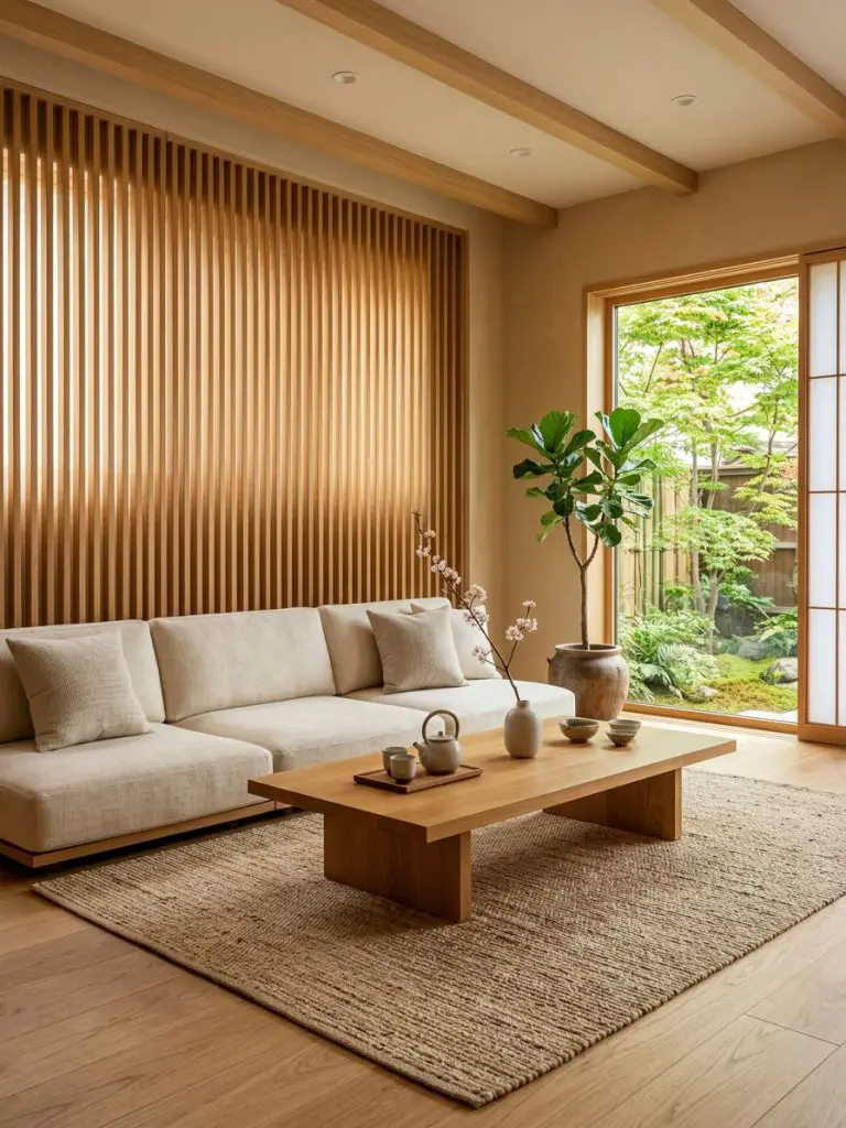 A serene Japanese-inspired natural minimalist living room designed with warm wood architecture and soft organic textures.