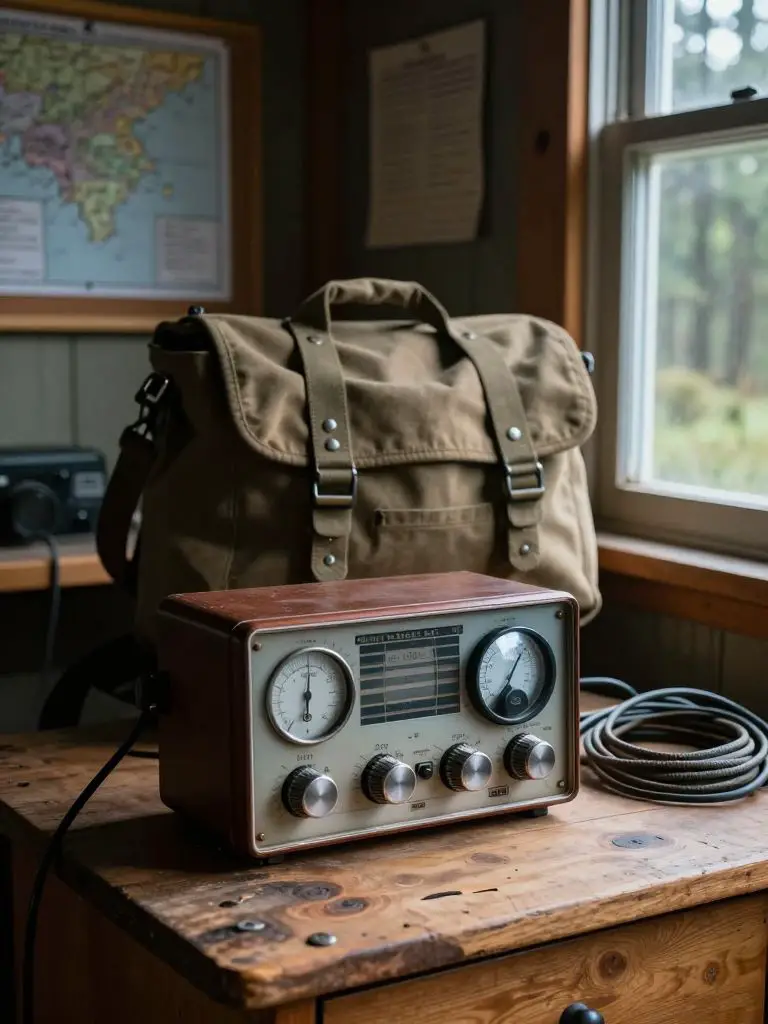 A hyper-, documentary-style photograph of an off-grid communication station set up in a remote cabin, showcasing a vintage shortwave radio w.