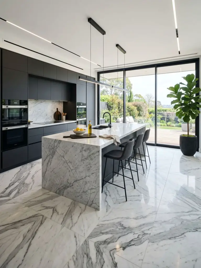 A luxurious open-concept kitchen featuring large format marble tile flooring with dramatic gray veining on a white base.