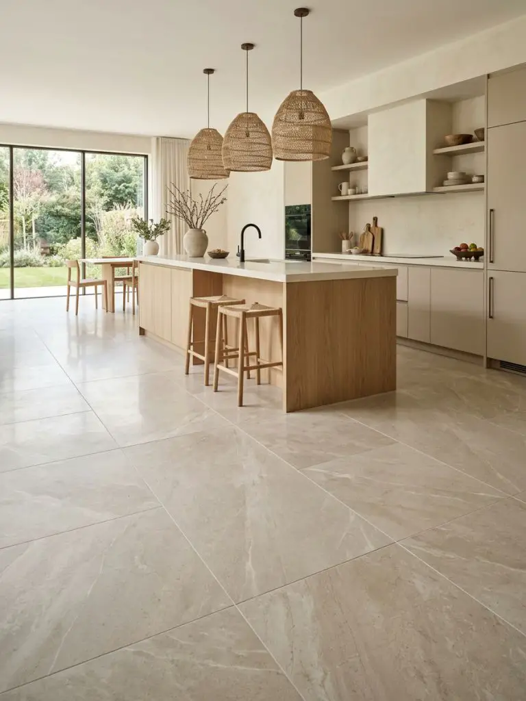 A spacious modern kitchen with large format neutral tile flooring in a warm minimalist and contemporary rustic style.