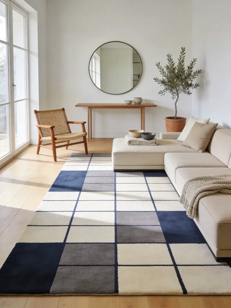 A spacious minimalist living room centered around a large modern grid-pattern rug composed of rectangular blocks in navy, slate gray, and so.