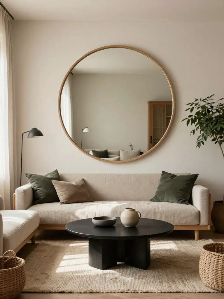 A warm minimalist living room designed around a large round wall mirror that reflects the seating area to enhance light and depth.