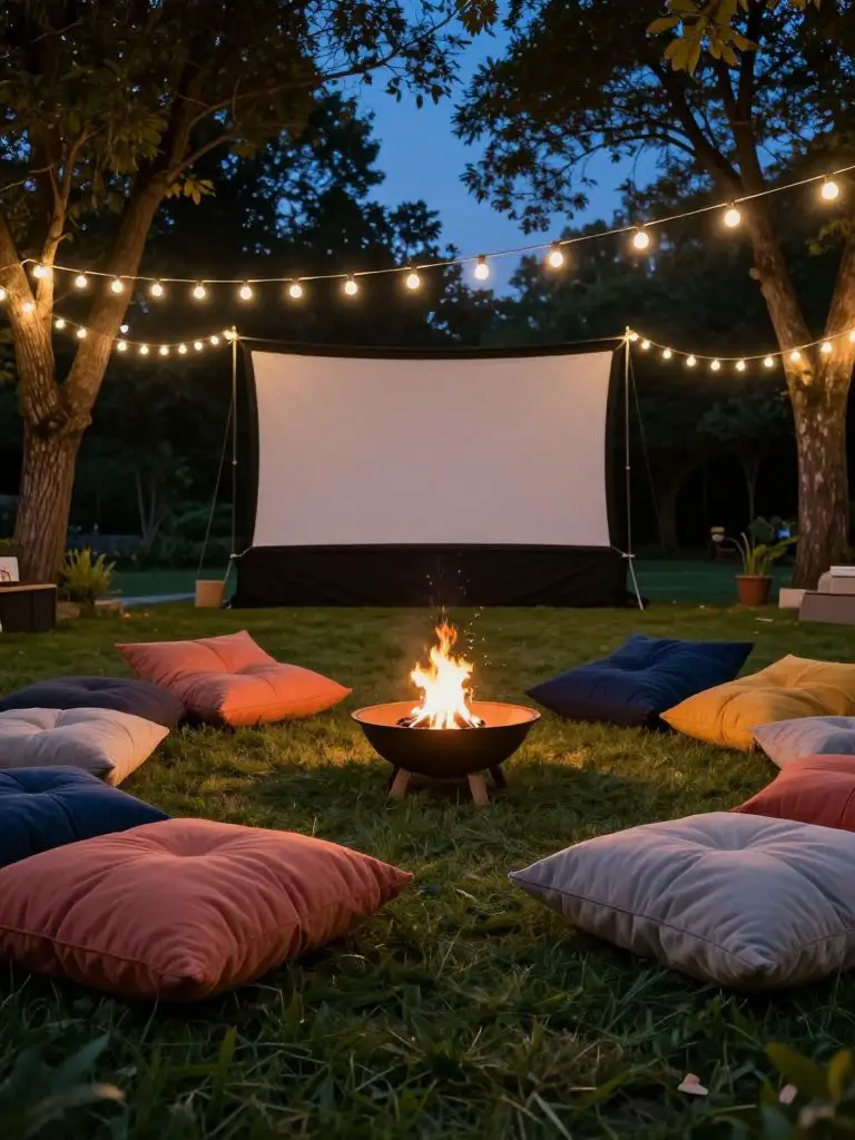 Create a lawn-based outdoor movie night setup beneath trees strung with glowing lights.