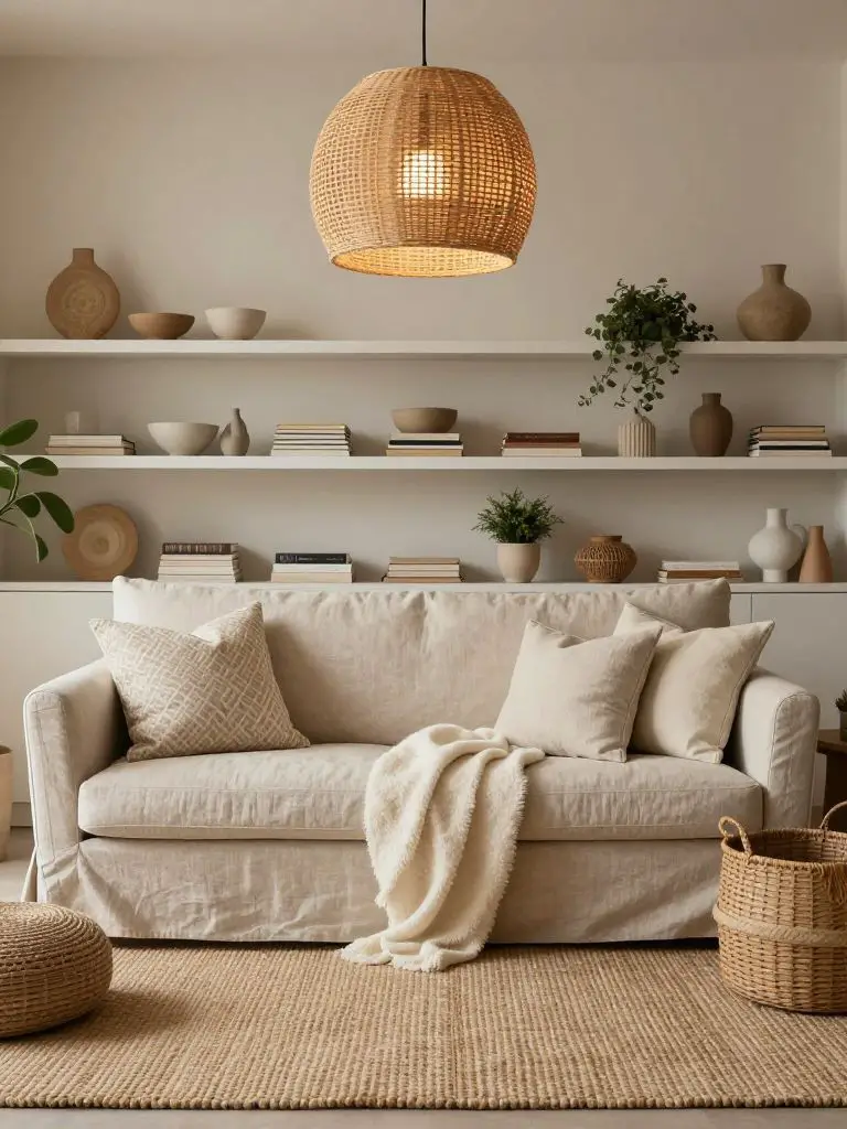 A layered warm minimalist living room styled with Scandinavian and organic modern influences.