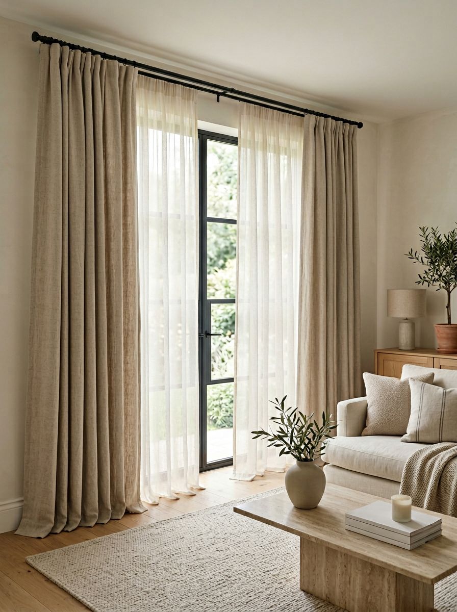 A layered minimalist living room curtain design combining sheer curtains and soft blackout drapes.