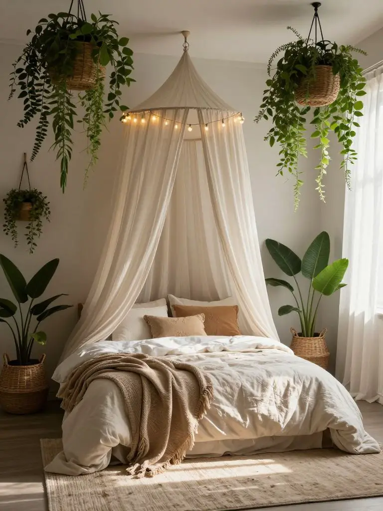 A light-filled boho witch bedroom combining soft textiles with lush hanging greenery for a serene atmosphere.
