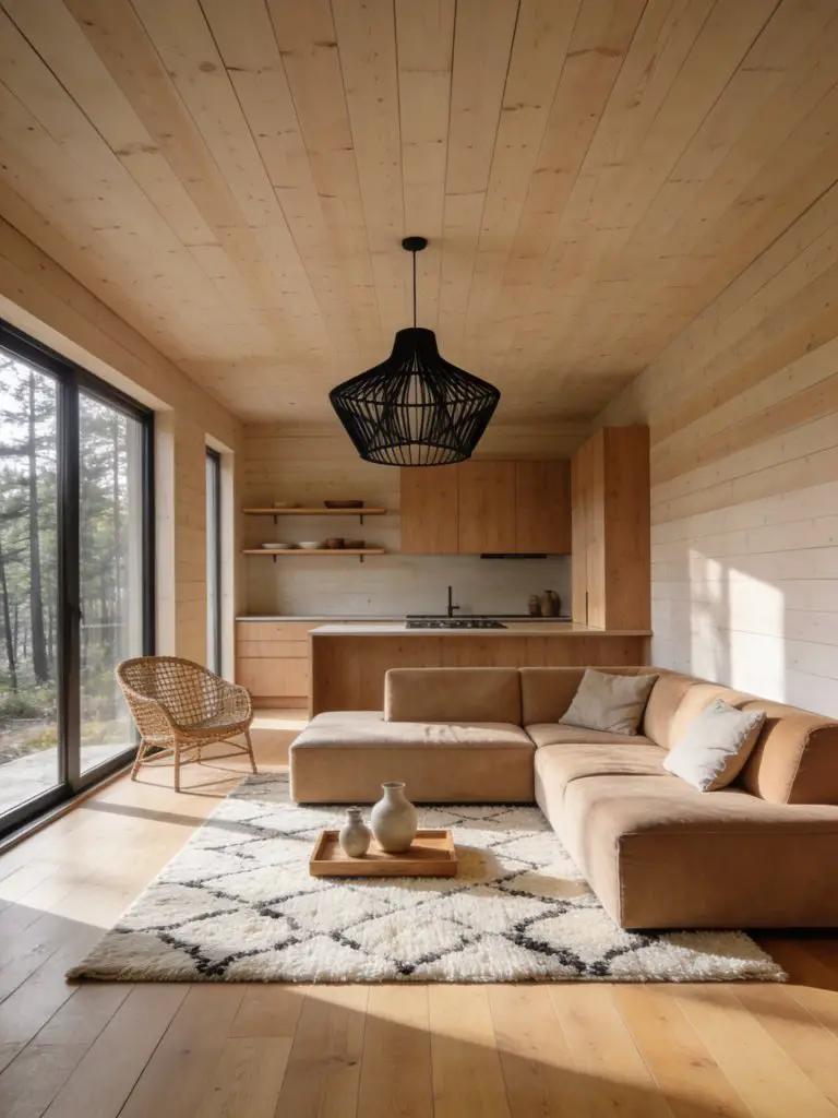 A light-filled Scandinavian rustic cabin living area that blends airy minimalism with warm natural materials.