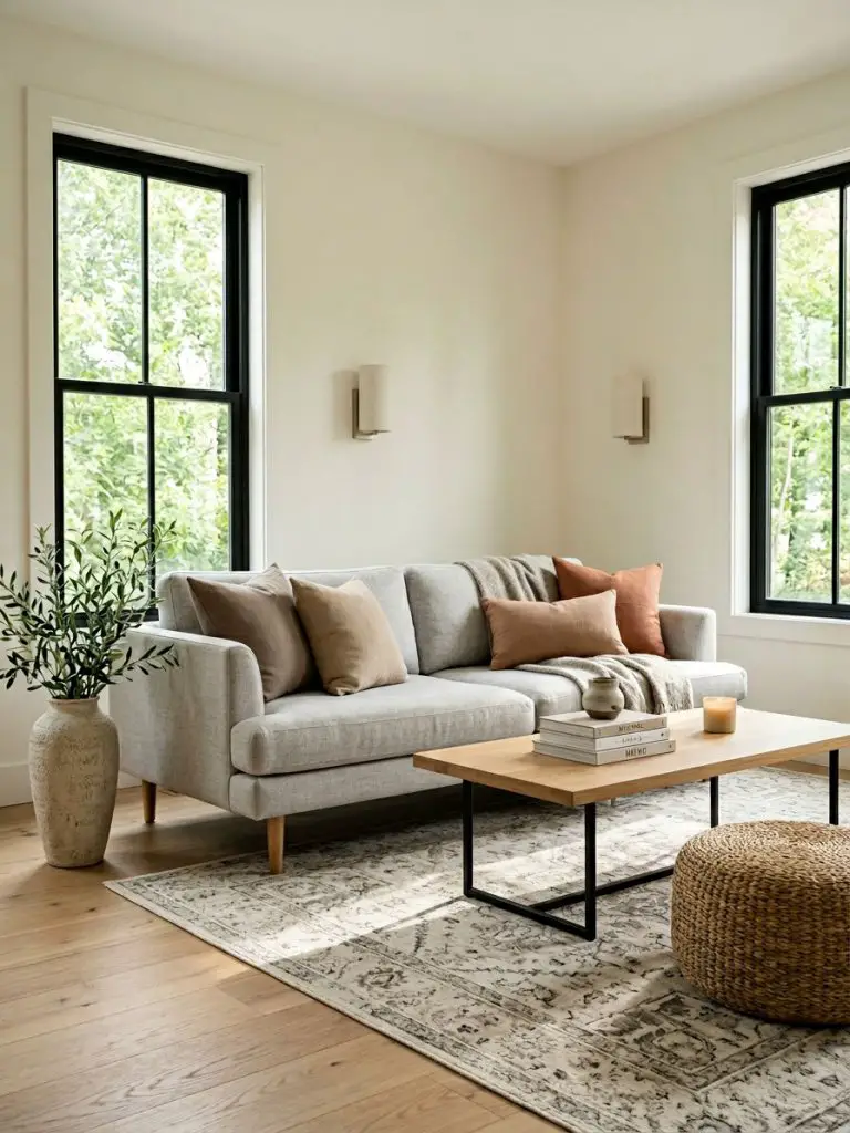 A balanced warm minimalist living room with Scandinavian simplicity and earthy accents.
