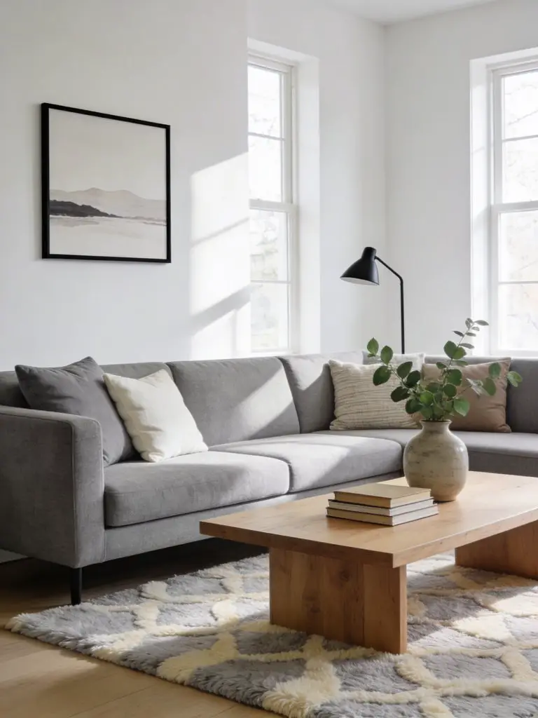 A light-filled minimalist living room centered around a grey sectional sofa paired with a rectangular natural wood coffee table.
