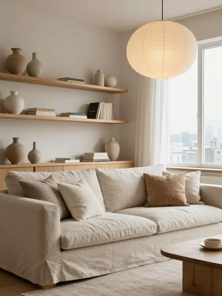 A light-filled warm minimalist living room styled with Scandinavian design influence.