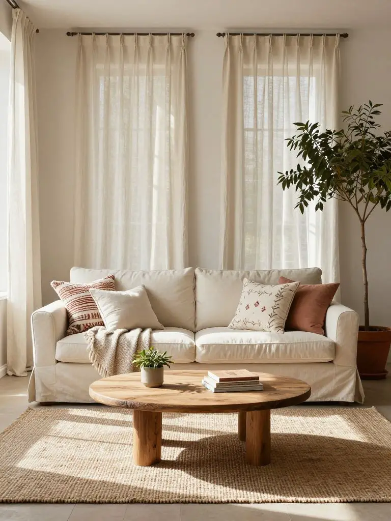 A serene boho minimalist living room designed with soft neutral fabrics and flowing textiles.