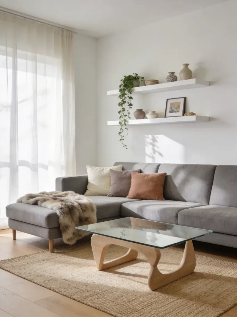 A light and airy minimalist living room featuring a large grey sectional sofa styled with neutral linen pillows in cream, taupe, and soft cl.