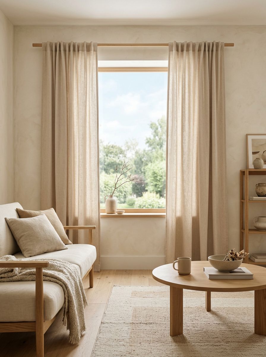 A warm minimalist living room centered around light oat cotton curtains paired with natural wood accents.