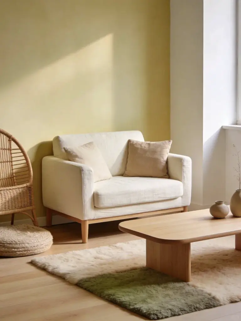 A light wood and linen styled small minimalist apartment living room emphasizing natural textures and softness.