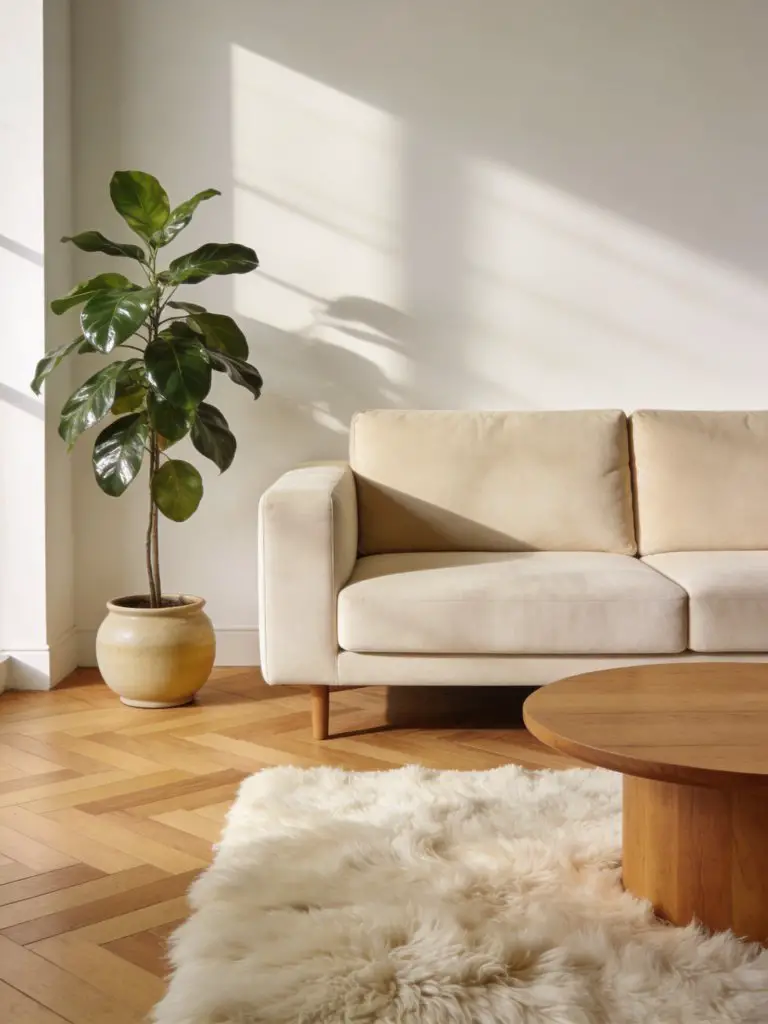 A warm minimalist living room centered around a light beige upholstered sofa with soft square cushions acting as the hero object positioned.