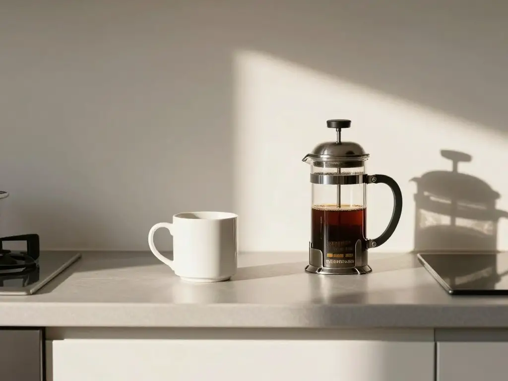 Minimalist kitchen counter with a simple morning coffee setup, single coffee mug, french press, organized and clutter-free space, warm
