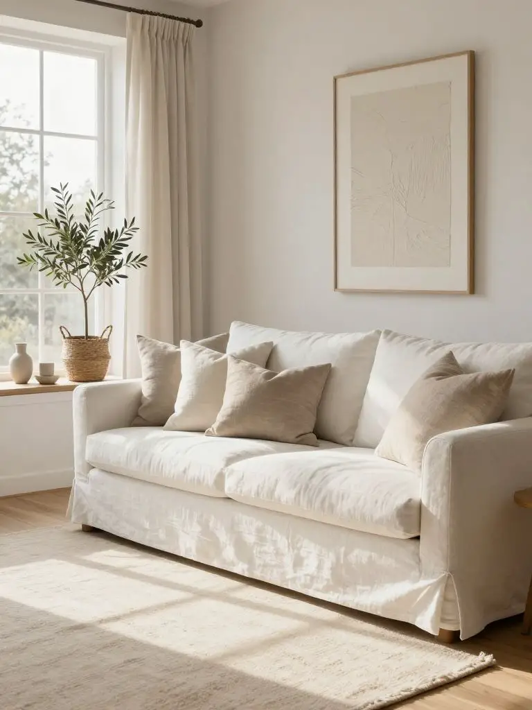 A serene warm minimalist living room styled with Scandinavian simplicity and soft organic textures.