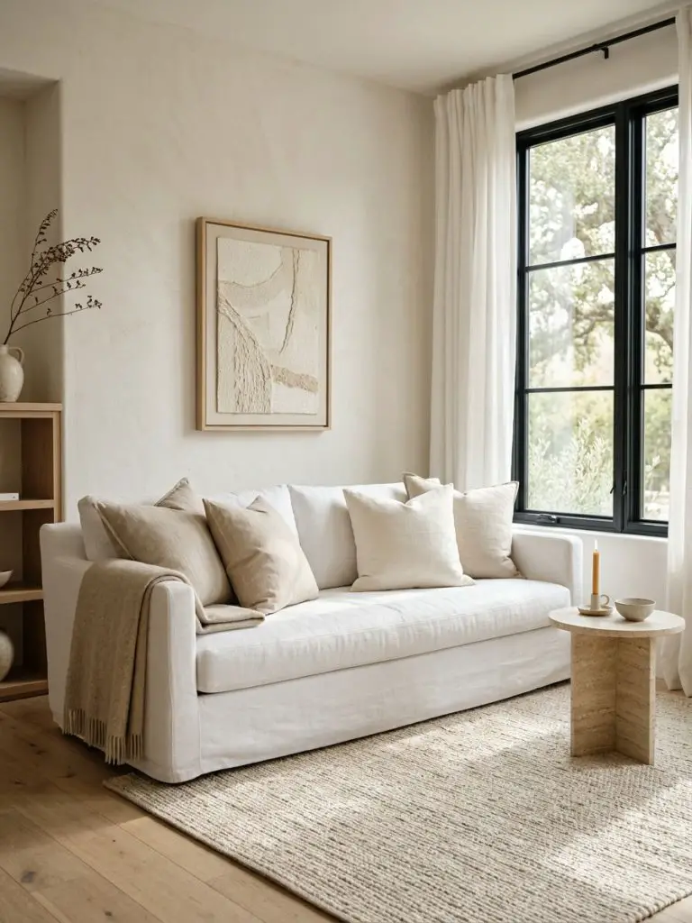 A soft warm minimalist living room designed with Scandinavian simplicity and layered neutral textiles.
