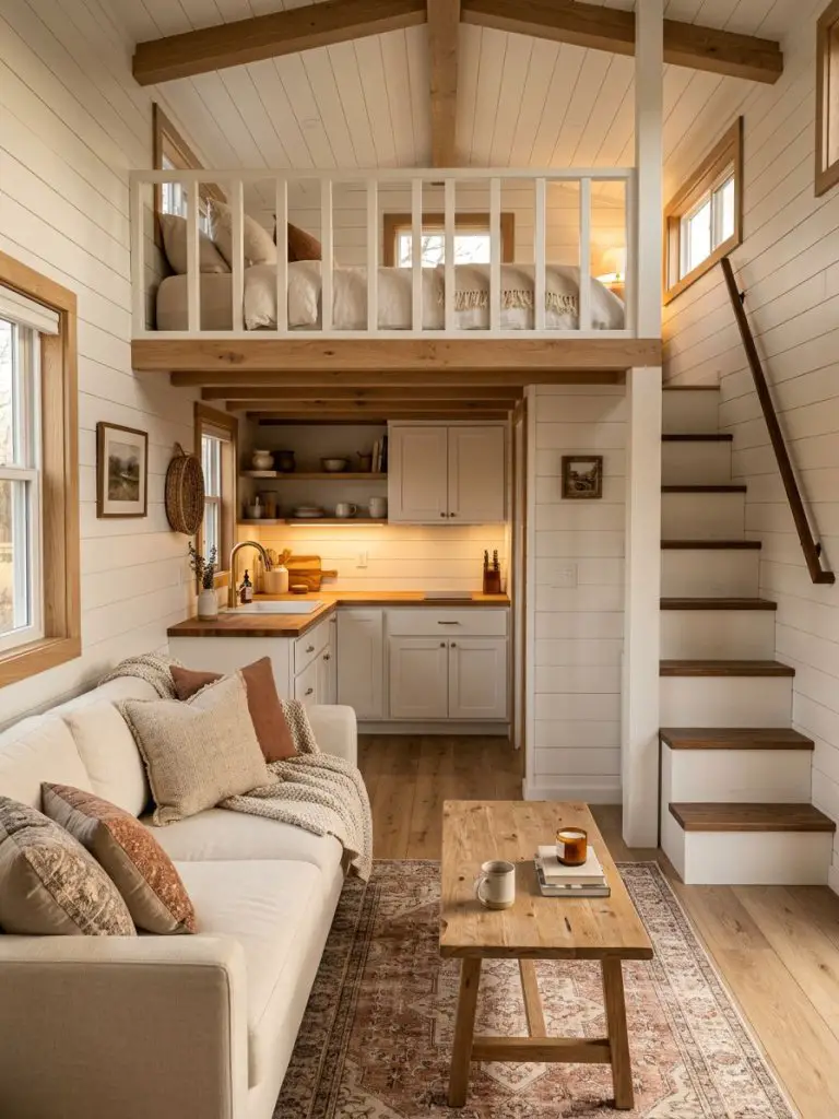 A cozy tiny home living room with loft bedroom designed in modern farmhouse minimalist style featuring white shiplap walls, light oak floori.