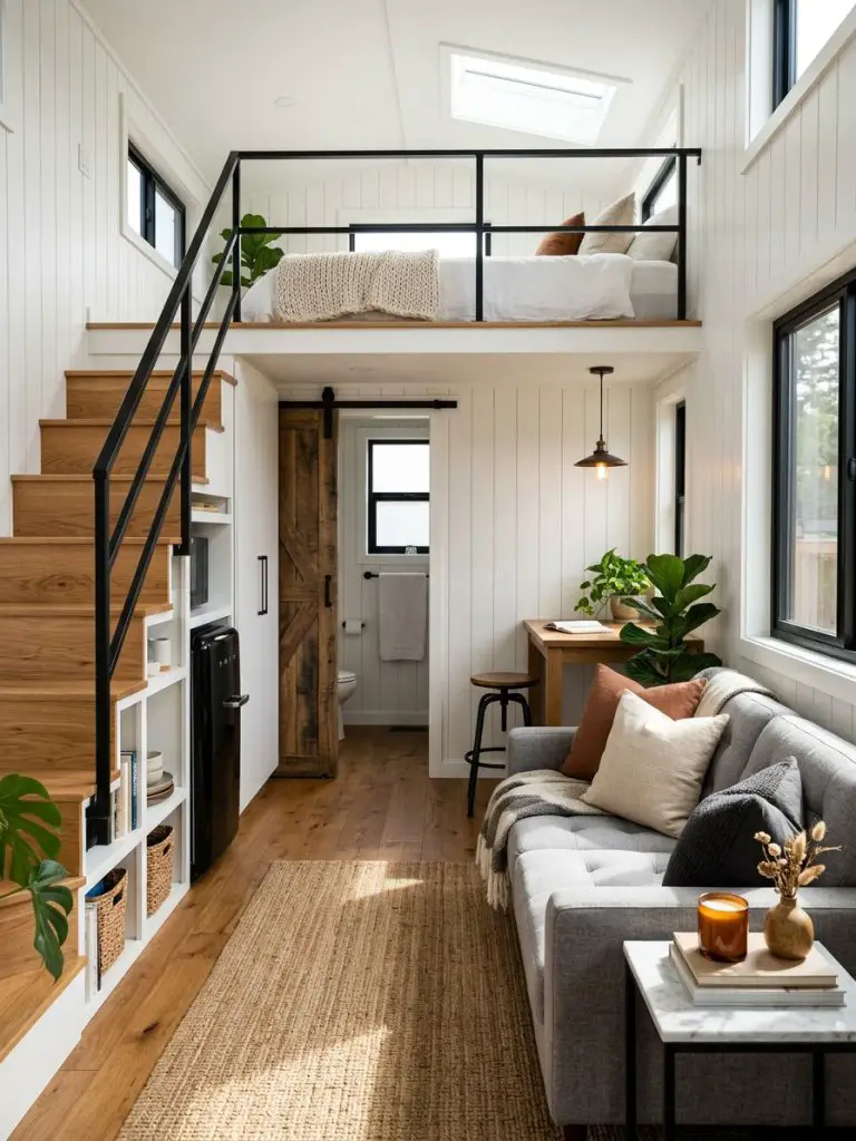 A warm modern rustic tiny home living room with loft bedroom and staircase storage, featuring white vertical shiplap walls, medium oak hardw.